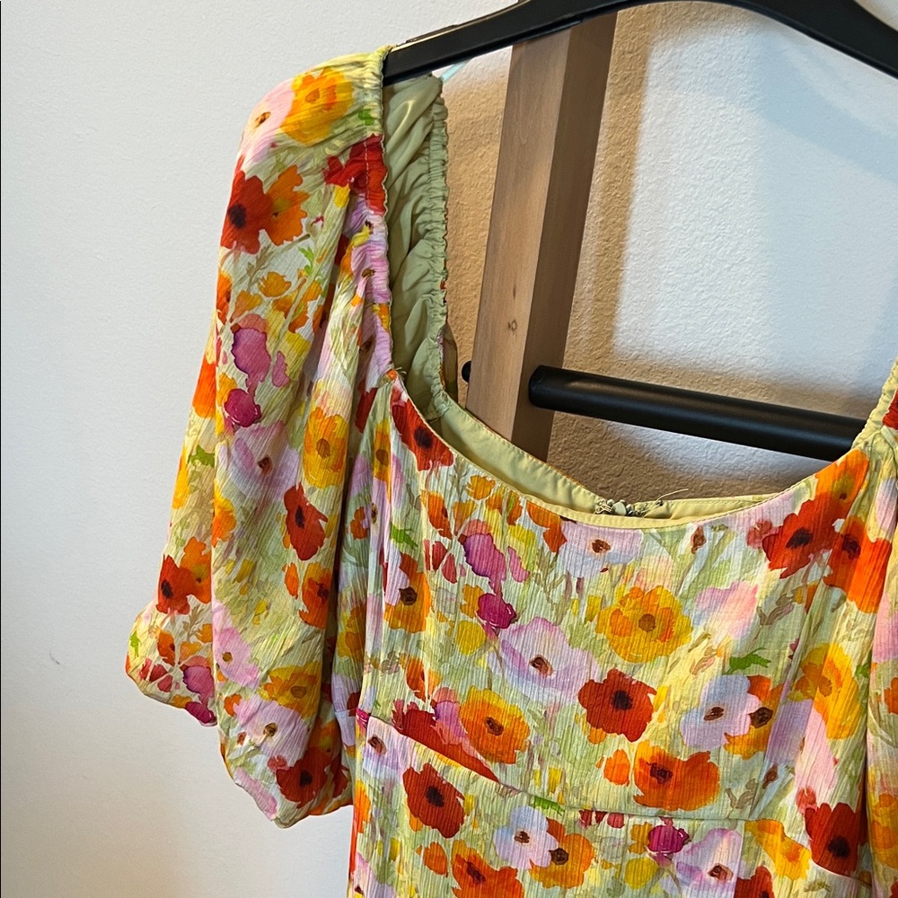 Vici Yellow Floral Midi Dress with Puff Sleeves